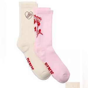 VS PINK VALENTINES DAY Flower & Bling heart Logo 2-Pack Crew Socks NEW